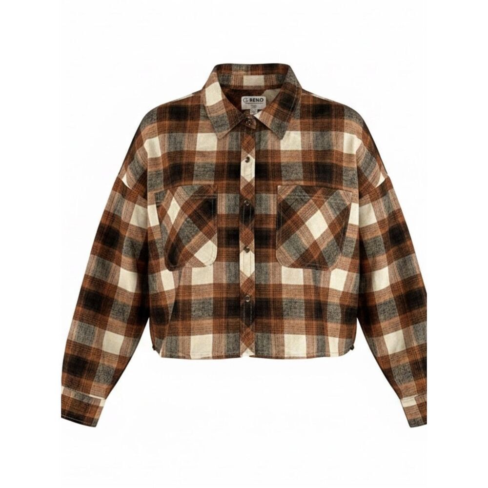 Ci Sono  Cropped Plaid Button Down Shirt - Brown and White